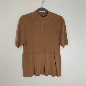 Andrea Viccaro oatmeal silk cotton rib knit mock neck short sleeve pullover top